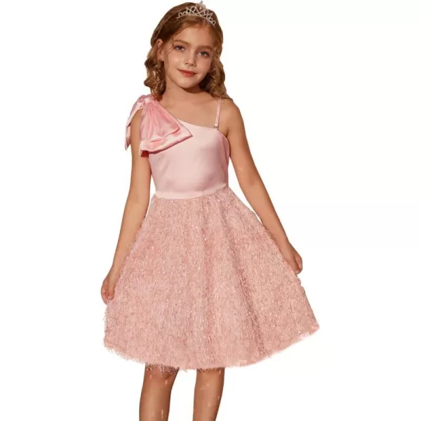 GRACE KARIN Girls Sequin Dress One Shoulder Sparkle Party Dress with Hair BowLight Pink