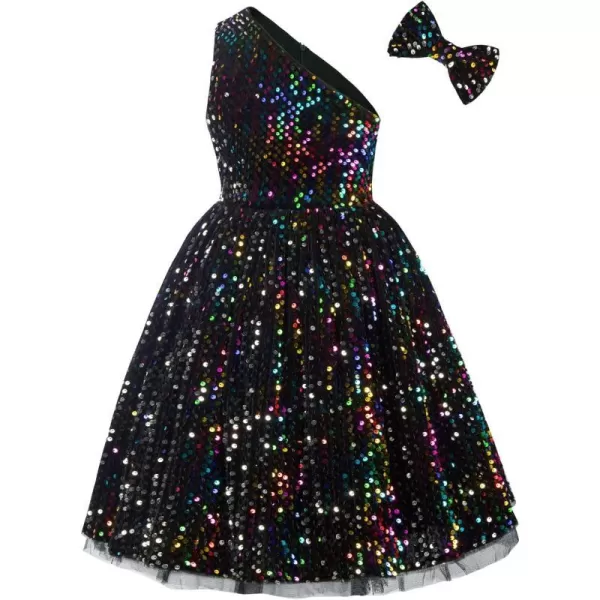 GRACE KARIN Girls Sequin Dress One Shoulder Sparkle Party Dress with Hair BowMulticolor