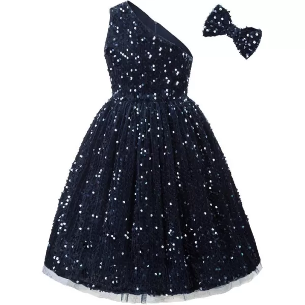 GRACE KARIN Girls Sequin Dress One Shoulder Sparkle Party Dress with Hair BowNavy Blue