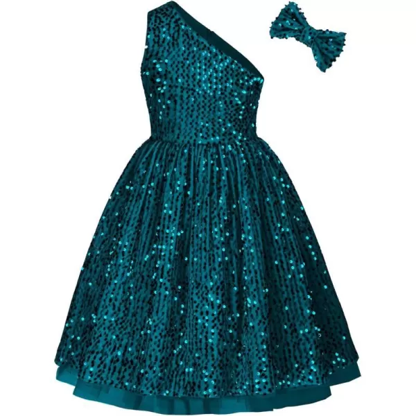 GRACE KARIN Girls Sequin Dress One Shoulder Sparkle Party Dress with Hair BowPeacock Blue