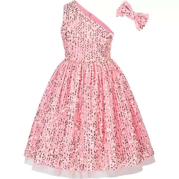 GRACE KARIN Girls Sequin Dress One Shoulder Sparkle Party Dress with Hair BowPink