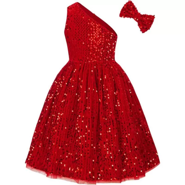 GRACE KARIN Girls Sequin Dress One Shoulder Sparkle Party Dress with Hair BowRed