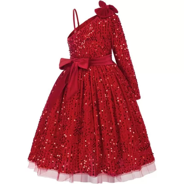 GRACE KARIN Girls Sequin Dress One Shoulder Sparkle Party Dress with Hair BowRed Long