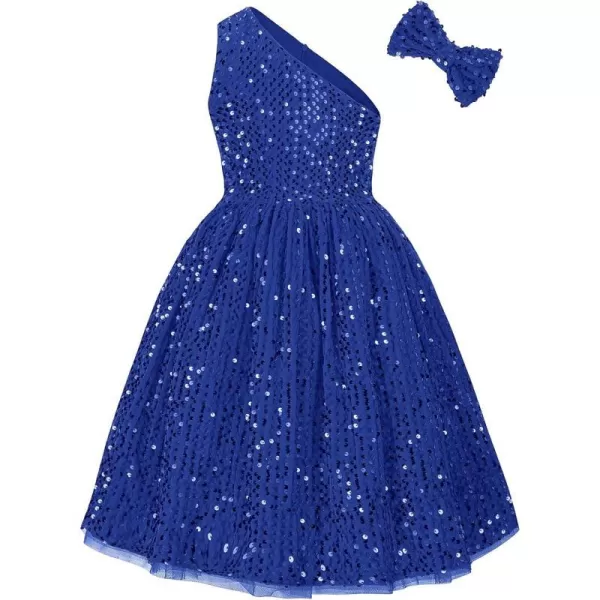 GRACE KARIN Girls Sequin Dress One Shoulder Sparkle Party Dress with Hair BowRoyal Blue