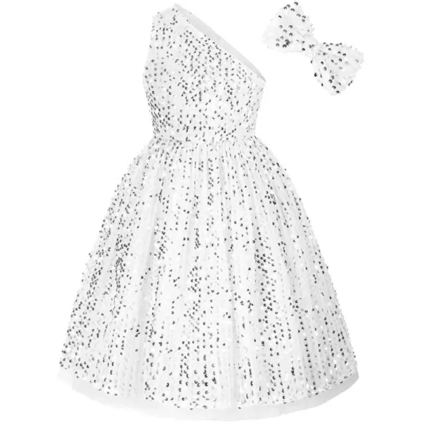 GRACE KARIN Girls Sequin Dress One Shoulder Sparkle Party Dress with Hair BowSilver