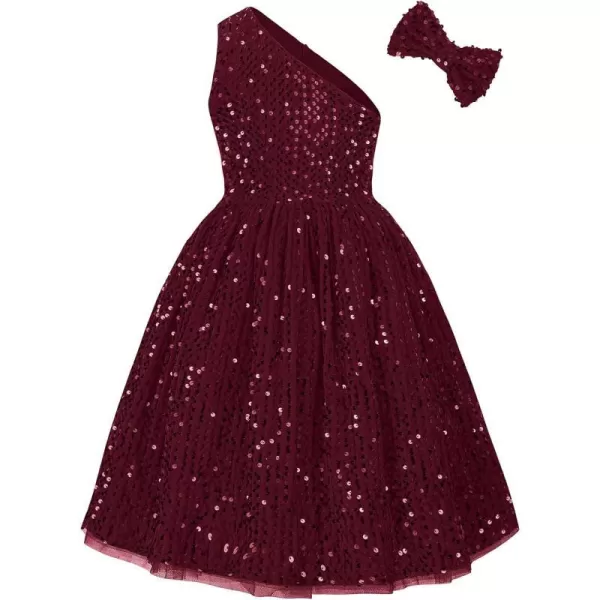 GRACE KARIN Girls Sequin Dress One Shoulder Sparkle Party Dress with Hair BowWine