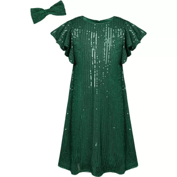 GRACE KARIN Girls Sequin Dress Short Flutter Sleeve Flare Silhouette Midi Dress with Hairbow 512YGreen