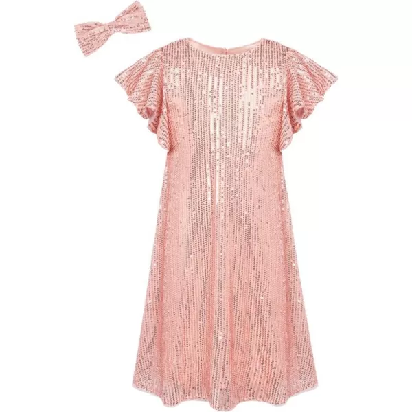 GRACE KARIN Girls Sequin Dress Short Flutter Sleeve Flare Silhouette Midi Dress with Hairbow 512YLight Pink