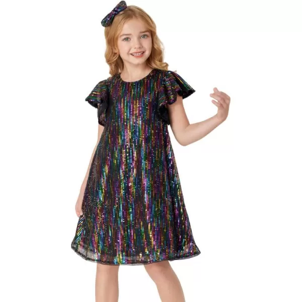 GRACE KARIN Girls Sequin Dress Short Flutter Sleeve Flare Silhouette Midi Dress with Hairbow 512YMulticoloured on Black