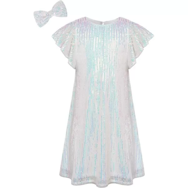 GRACE KARIN Girls Sequin Dress Short Flutter Sleeve Flare Silhouette Midi Dress with Hairbow 512YMulticoloured on White