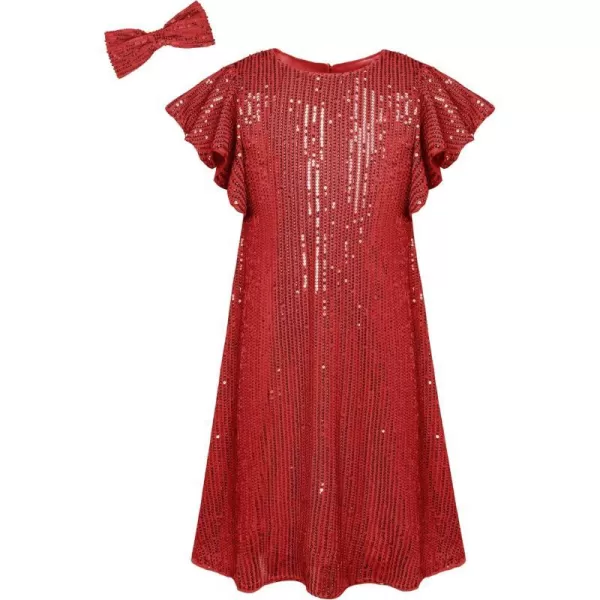 GRACE KARIN Girls Sequin Dress Short Flutter Sleeve Flare Silhouette Midi Dress with Hairbow 512YRed