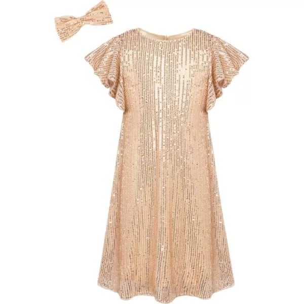 GRACE KARIN Girls Sequin Dress Short Flutter Sleeve Flare Silhouette Midi Dress with Hairbow 512YRose Gold