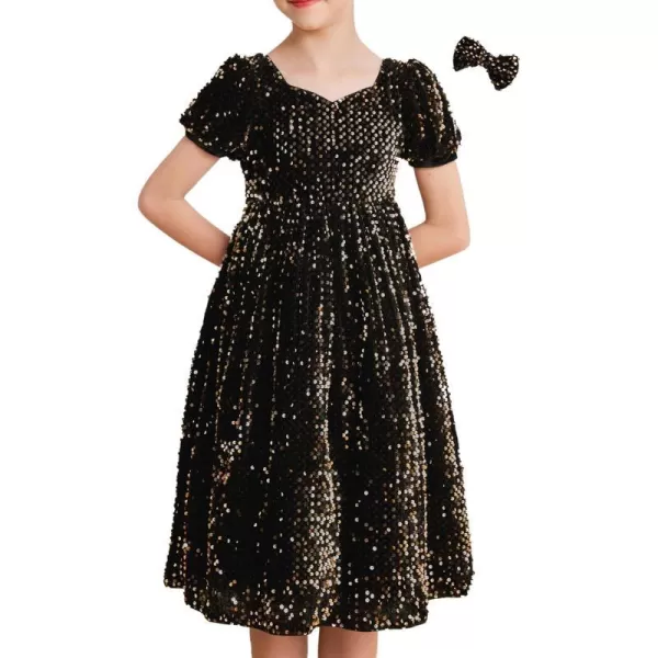 GRACE KARIN Girls Sequin Dress Short Sleeve Sparkly Princess Party Maxi Dress 512YBlack