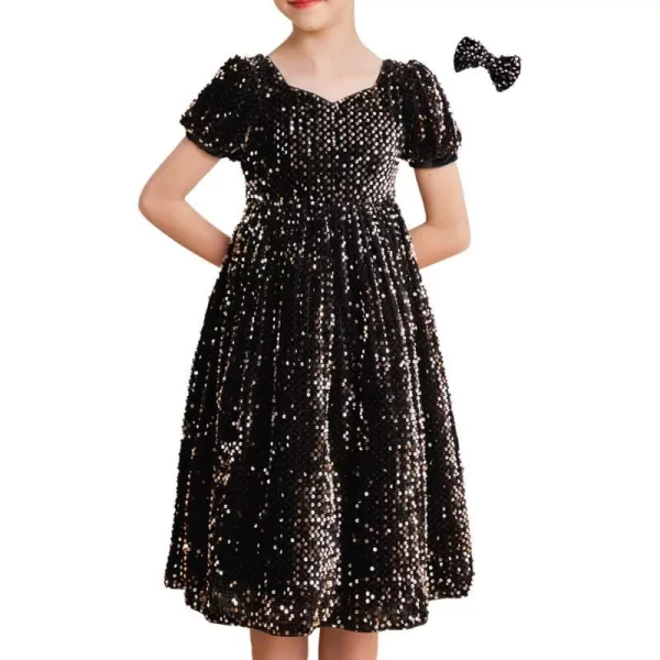 GRACE KARIN Girls Sequin Dress Short Sleeve Sparkly Princess Party Maxi Dress 512YBlack Golden