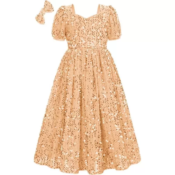 GRACE KARIN Girls Sequin Dress Short Sleeve Sparkly Princess Party Maxi Dress 512YChampagne