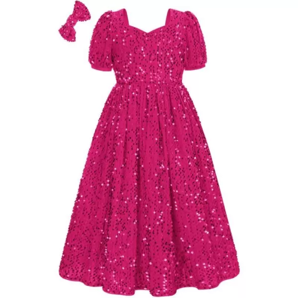 GRACE KARIN Girls Sequin Dress Short Sleeve Sparkly Princess Party Maxi Dress 512YHot Pink