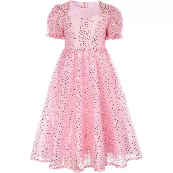 GRACE KARIN Girls Sequin Dress Short Sleeve Sparkly Princess Party Maxi Dress 512YPink