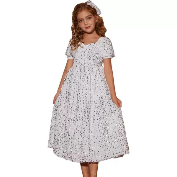 GRACE KARIN Girls Sequin Dress Short Sleeve Sparkly Princess Party Maxi Dress 512YWhite