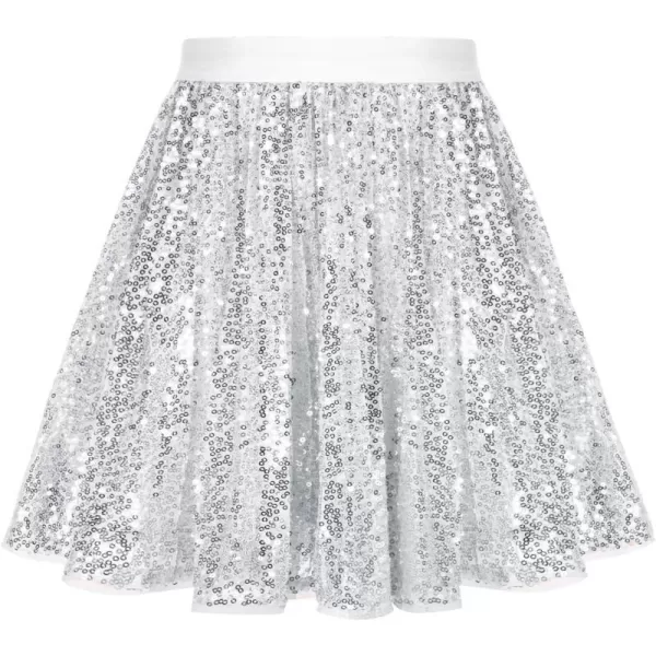 GRACE KARIN Girls Sequin Skirt Elastic Waist Sparkle Pleated Skirt for Party 512YSilver