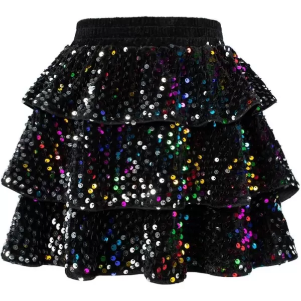 GRACE KARIN Girls Sequin Skirt Girls Fashion Party Three Layer Ruffle Skirt 514YBlack