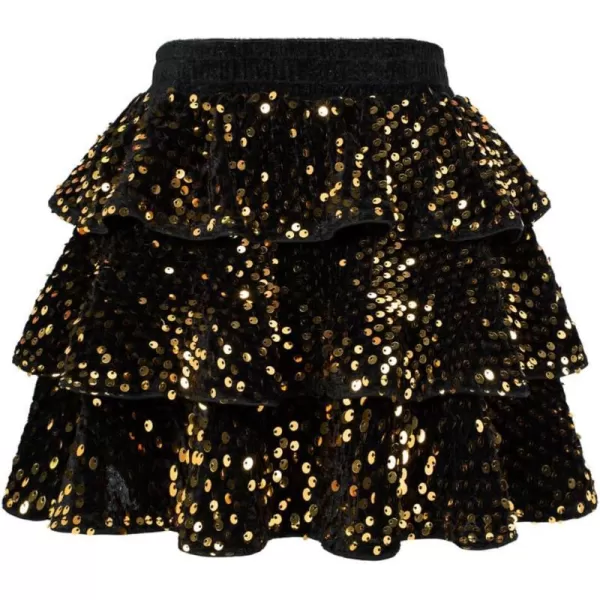 GRACE KARIN Girls Sequin Skirt Girls Fashion Party Three Layer Ruffle Skirt 514YGold