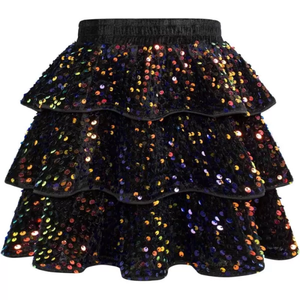 GRACE KARIN Girls Sequin Skirt Girls Fashion Party Three Layer Ruffle Skirt 514YGolden Blue