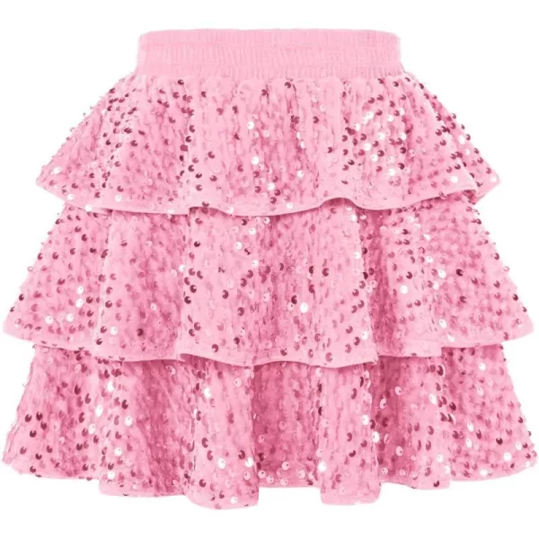 GRACE KARIN Girls Sequin Skirt Girls Fashion Party Three Layer Ruffle Skirt 514YPink