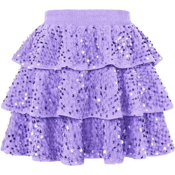 GRACE KARIN Girls Sequin Skirt Girls Fashion Party Three Layer Ruffle Skirt 514YPurple