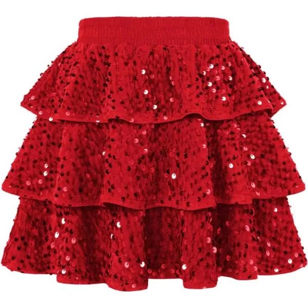 GRACE KARIN Girls Sequin Skirt Girls Fashion Party Three Layer Ruffle Skirt 514YRed