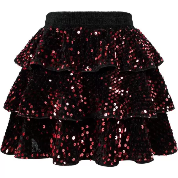 GRACE KARIN Girls Sequin Skirt Girls Fashion Party Three Layer Ruffle Skirt 514YRed on Black