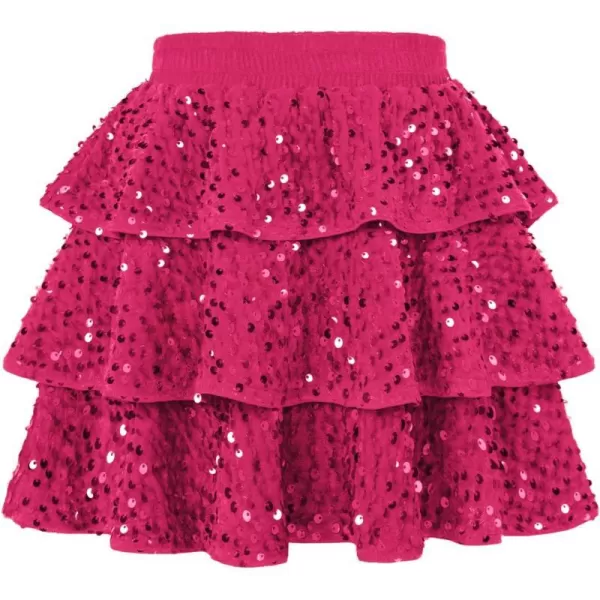 GRACE KARIN Girls Sequin Skirt Girls Fashion Party Three Layer Ruffle Skirt 514YRose Red