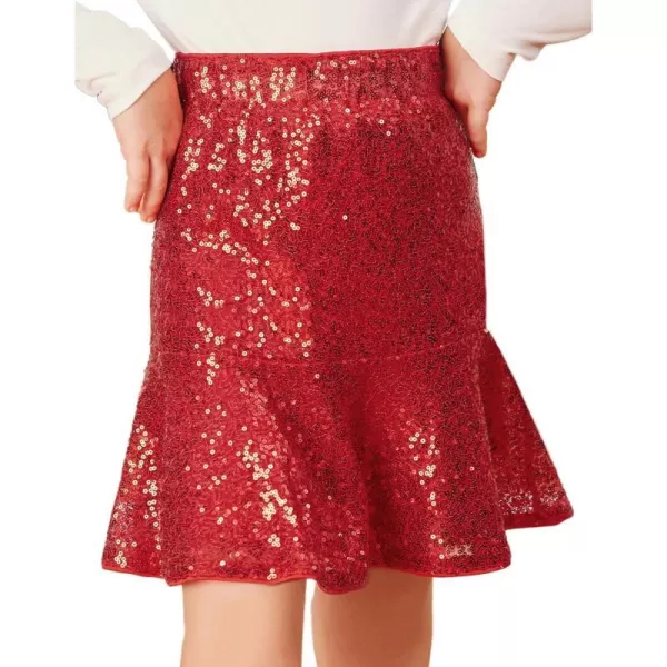 GRACE KARIN Girls Sequin Skirt Ruffle Hem High Waist Pencil Skirt for Party 512YRed