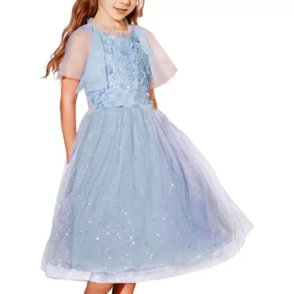 GRACE KARIN Girls Sequin Tulle Mesh Dress Ruffle Party Weeding Flower Shirred Tutu Dress 512Light Blue