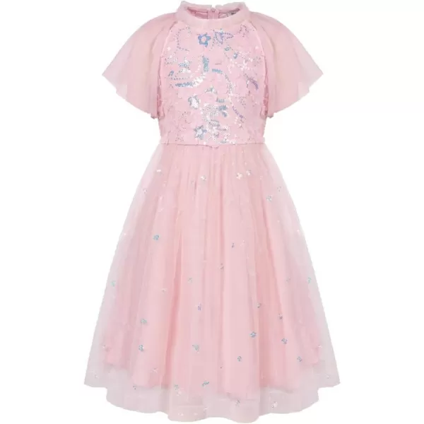 GRACE KARIN Girls Sequin Tulle Mesh Dress Ruffle Party Weeding Flower Shirred Tutu Dress 512Pink