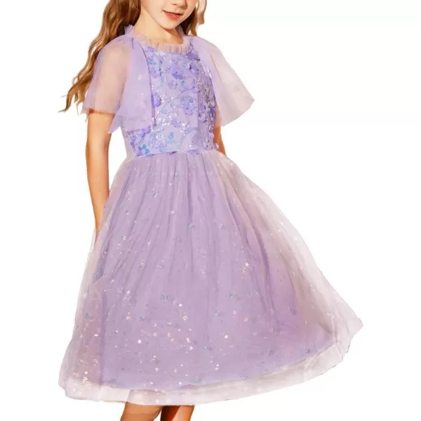 GRACE KARIN Girls Sequin Tulle Mesh Dress Ruffle Party Weeding Flower Shirred Tutu Dress 512Purple