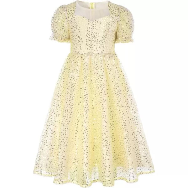 GRACE KARIN Girls Sequin Velvet Dress Short Sleeve Sparkly Tulle Princess Party Maxi Dress 512YYellow