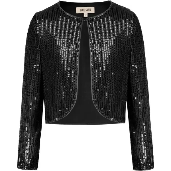 GRACE KARIN Girls Sequins Cardigan Crewneck Long Sleeve Shiny Girls Bolero ShrugBlack