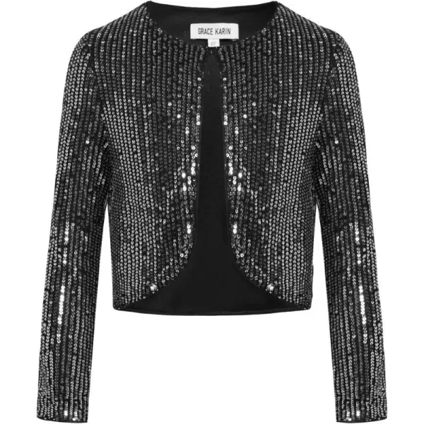 GRACE KARIN Girls Sequins Cardigan Crewneck Long Sleeve Shiny Girls Bolero ShrugDark Silver