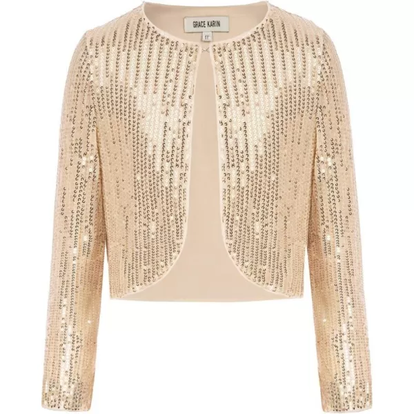 GRACE KARIN Girls Sequins Cardigan Crewneck Long Sleeve Shiny Girls Bolero ShrugGold