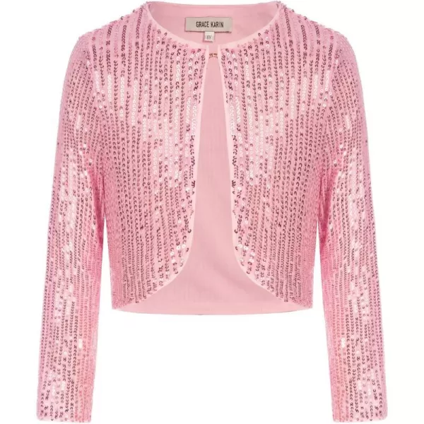 GRACE KARIN Girls Sequins Cardigan Crewneck Long Sleeve Shiny Girls Bolero ShrugPink