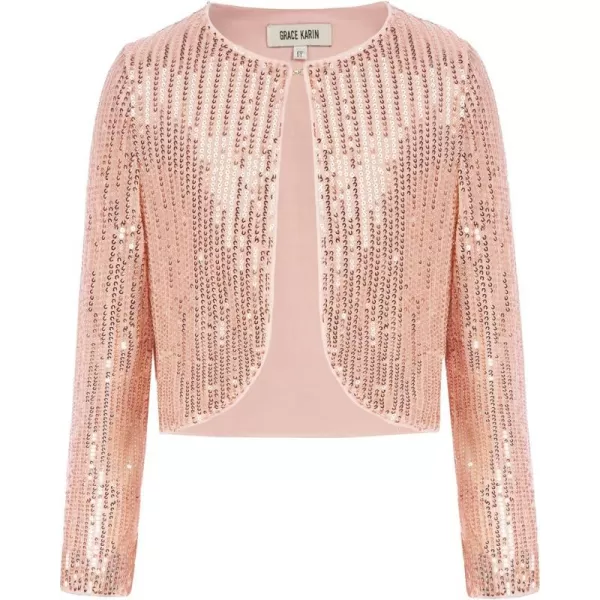 GRACE KARIN Girls Sequins Cardigan Crewneck Long Sleeve Shiny Girls Bolero ShrugRose Gold