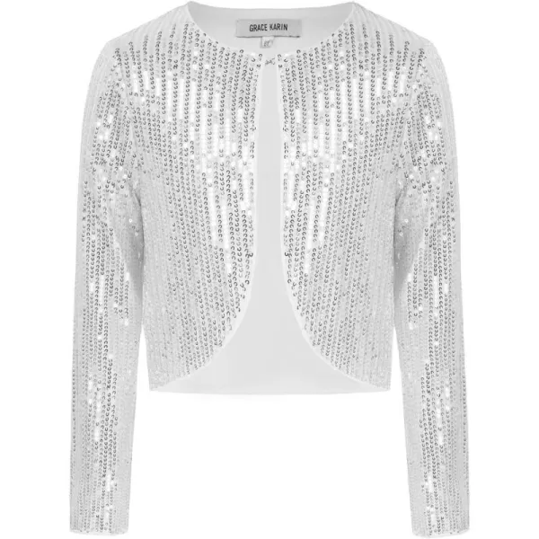 GRACE KARIN Girls Sequins Cardigan Crewneck Long Sleeve Shiny Girls Bolero ShrugSilver