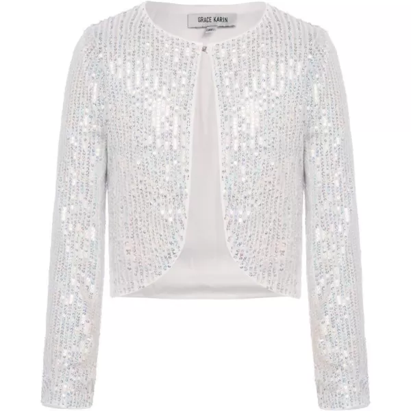 GRACE KARIN Girls Sequins Cardigan Crewneck Long Sleeve Shiny Girls Bolero ShrugSilver1