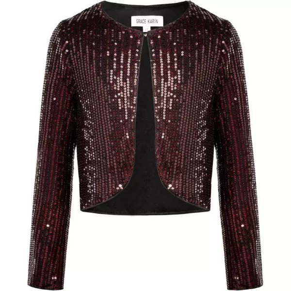 GRACE KARIN Girls Sequins Cardigan Crewneck Long Sleeve Shiny Girls Bolero ShrugWine Red