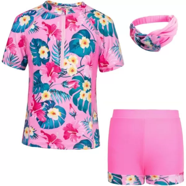 GRACE KARIN Girls Short Sleeve Rash Guard Girls 2Piece Swimsuit Set for 512YPink Flower