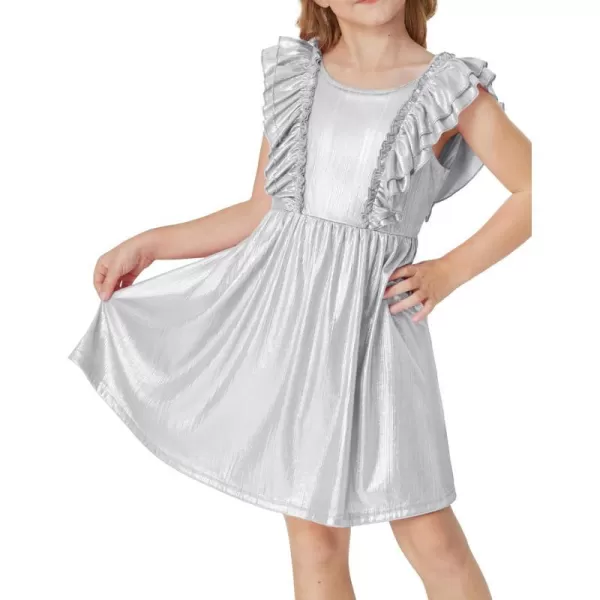 GRACE KARIN Girls Sleeveless Metallic Ruffle Decoration Party Dress Girls Cute Spring Dress 512YSilver