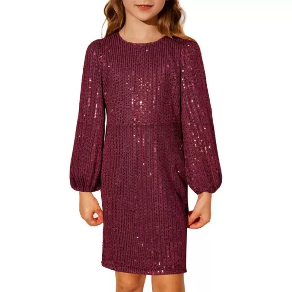 GRACE KARIN Girls Sparkly Sequin Dress Long Sleeve Bodycon Fancy Party Dress 512YBurgundy