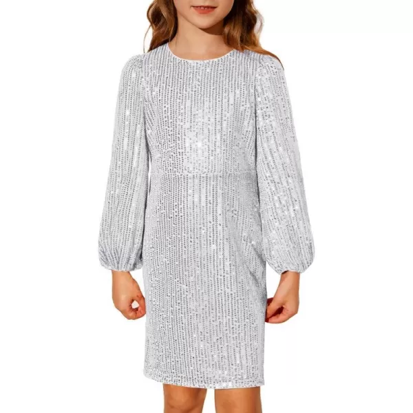 GRACE KARIN Girls Sparkly Sequin Dress Long Sleeve Bodycon Fancy Party Dress 512YSilver