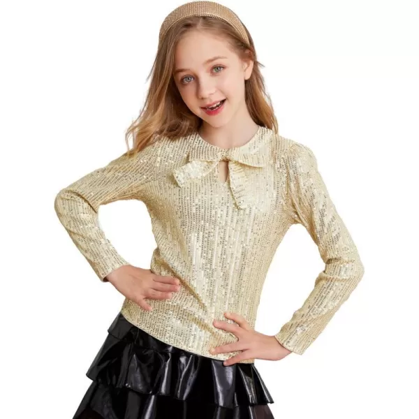 GRACE KARIN Girls Sparkly Sequin Tops Long Sleeve Crew Neck Glitter Blouse Shirt with Fixed Bowknot for PartyGold