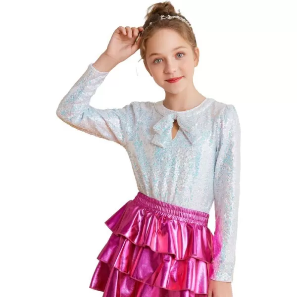 GRACE KARIN Girls Sparkly Sequin Tops Long Sleeve Crew Neck Glitter Blouse Shirt with Fixed Bowknot for PartyMulticoloured